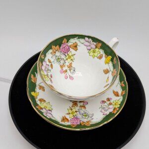 Stanley Bone China Pink Green Floral Wide Mouth Tea Cup Saucer Gold Trim Vintage